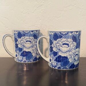Blue Floral Chinoiserie Style Ceramic Mugs - Set of 2